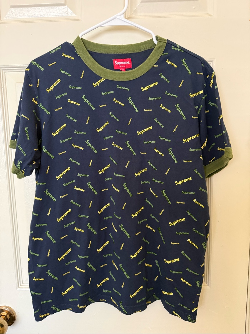 Supreme Scatter Ringer Tee T-Shirt Navy /Green All Over Print  Crewneck  size S